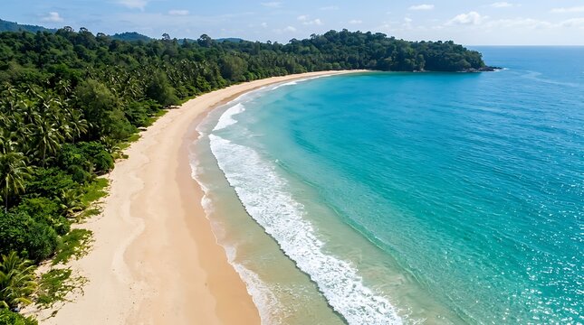 Aerial view of a deserted tropical beach with golden sand, crystal clear turquoise water, and lush green jungle