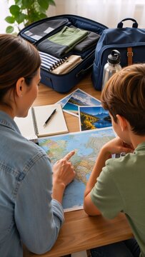 A young woman and boy sit at a wooden table examining a detailed world map, with the woman pointing to a location. Scattered around are a large blue suitcase with open clothes and a small backpack