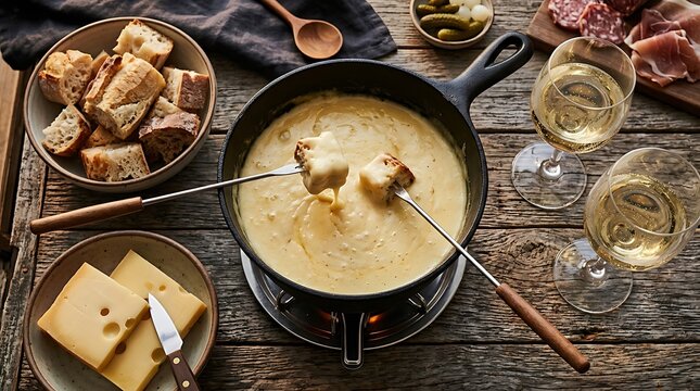 Traditional swiss cheese fondue served in a cast iron pot with bread cubes, charcuterie, pickles, and white wine on a rustic wooden table