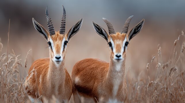 Two gazelles stand in dry grass during a soft natural light with a shallow depth of field conveying wildlife conservation concepts