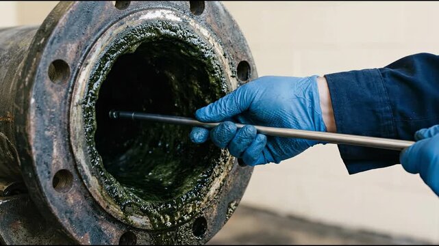 Gloved hand inserting an inspection probe into an open flanged steel pipe coated with thick dark microbial slime