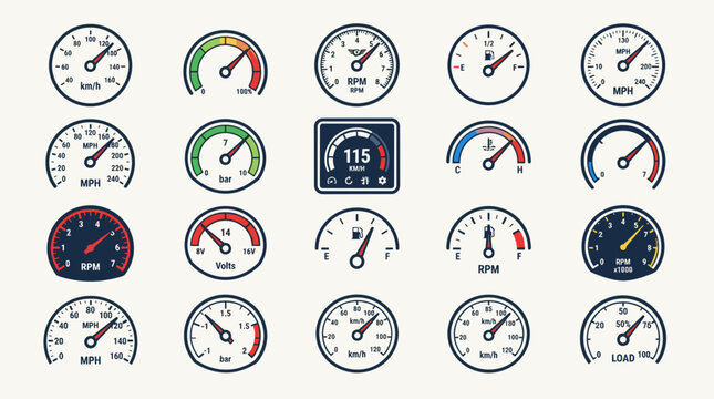Speedometer and gauge icon set with car dashboard dial vector symbols