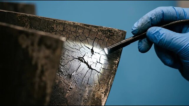 Borescope probe inspecting an oxidized cobalt alloy turbine guide vane trailing edge with visible craze cracking