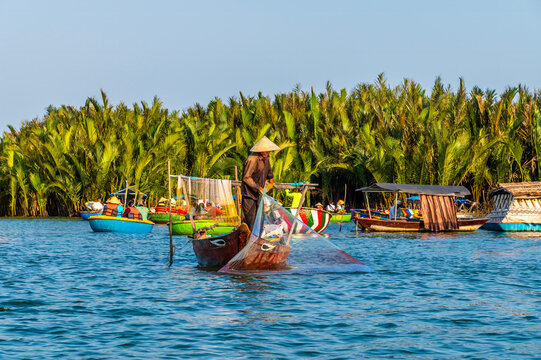 A view of a fisherman drawing in a net on the waterways of the Bay Mau coconut forest. In Cam Thanh village near Hoi An, Vietnam on a bright sunny day