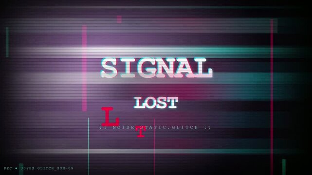 Digital glitch effect with signal lost text and chromatic aberration on a dark background