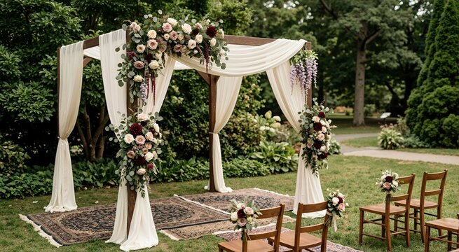 Decorated wedding canopy with flowers and white fabric in a garden. Wedding arch