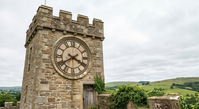 Old medieval stone clock tower with battlements. Historic castle architecture and green landscape