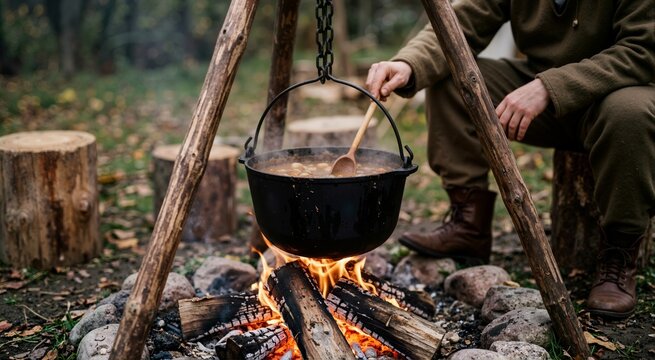 Cooking over campfire in traditional iron cauldron hanging on tripod. Outdoor meal preparation