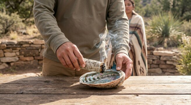Ceremonial sage bundle burning in an abalone shell during a smudging ritual. Indigenous traditions