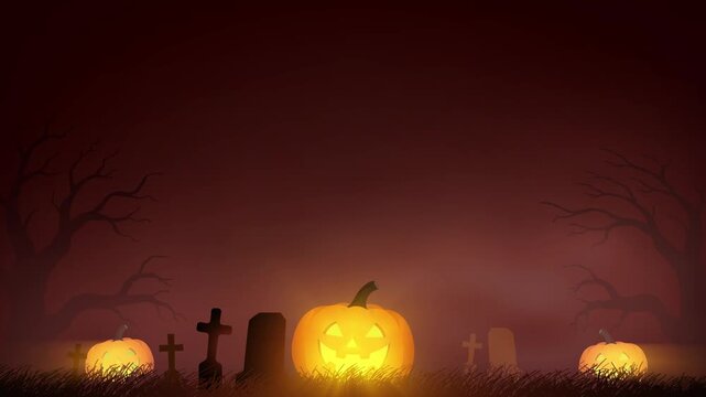 Spooky Halloween motion background of glowing jack o lantern pumpkins, graveyard tombstones, dead trees, dark red atmosphere, and open copy space.