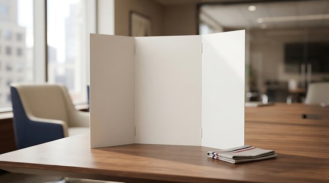 Blank white tri-fold display board standing on a wooden conference table