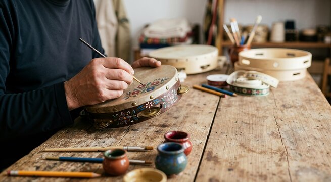 Artisan painting floral patterns on a traditional tambourine. Crafting percussion instrument in a workshop
