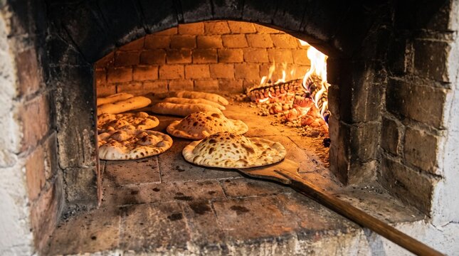 Traditional flatbreads baking inside a rustic wood-fired brick oven, glowing embers and warm firelight creating an authentic artisanal bakery scene, crisp food photography.