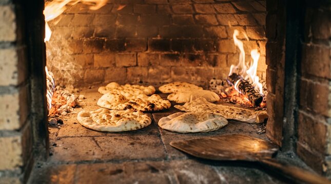 Traditional flatbreads baking inside a rustic wood-fired brick oven, glowing embers and warm firelight creating an authentic artisanal bakery scene, crisp food photography.