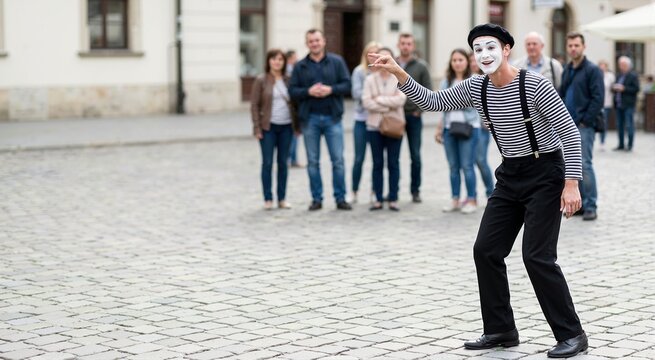 Mime artist performing on a European cobblestone street. Street performance art