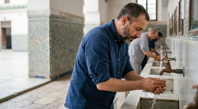 Muslim man performing ritual washing before prayer at a fountain. Islamic tradition concept