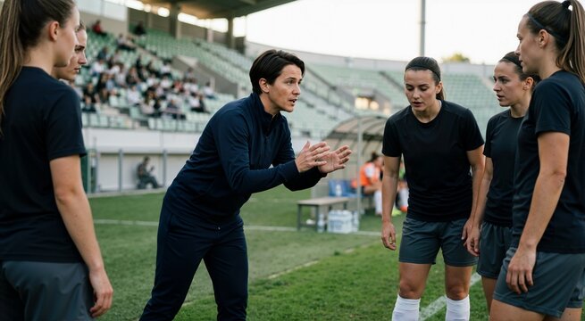 Soccer coach giving instructions to a women's team. Team huddle and strategy session on the field