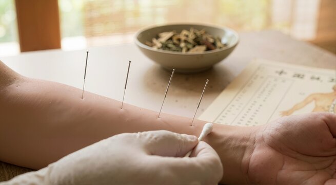 Acupuncture needles inserted into patient arm for treatment. Traditional alternative medicine concept