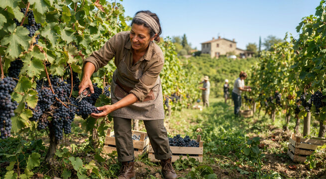 Woman harvesting ripe red grapes in a vineyard. Traditional winemaking and grape harvest