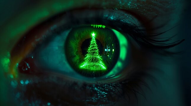 Close-up human eye with a glowing green Christmas tree reflection, festive holiday lights for Merry Christmas and New Year celebration concept