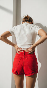 Woman in white ribbed shirt and red denim shorts, hands on hips, with shadows on a plain wall, representing comfort and style.
