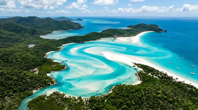 Aerial view of whitehaven beach in the whitsunday islands, queensland, australia, featuring swirling white silica sand and turquoise water at low tide