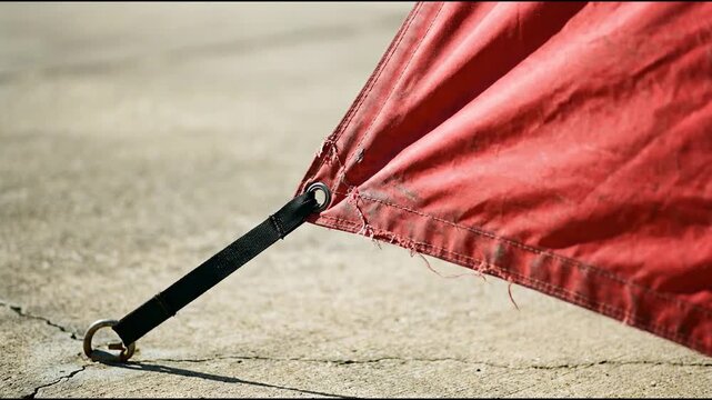 Red polyester engine intake cover snapping its weathered fabric and loose hem sideways in strong outdoor wind