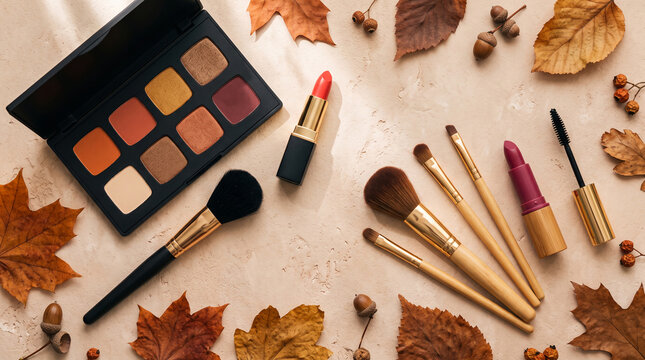 Autumnal makeup products and fallen leaves arranged on a textured surface, symbolizing seasonal beauty, natural tones, and a fall aesthetic