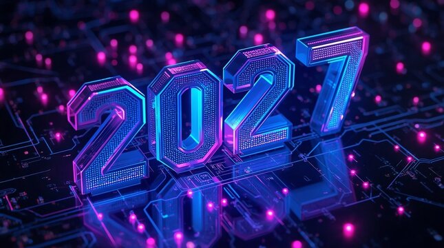 Futuristic neon 2027 New Year greeting with cyber circuit board lights for Merry Christmas and holiday season background