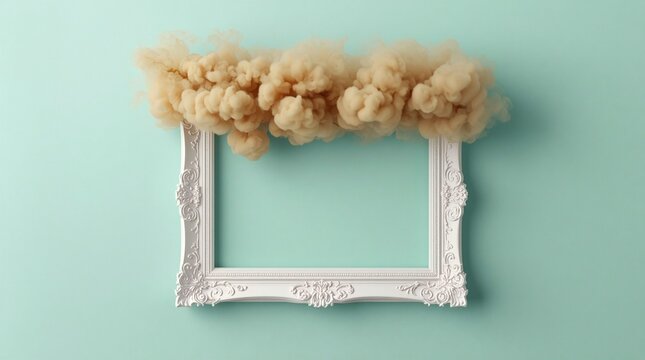 Ornate white vintage picture frame with swirling smoke cloud on a pastel turquoise background