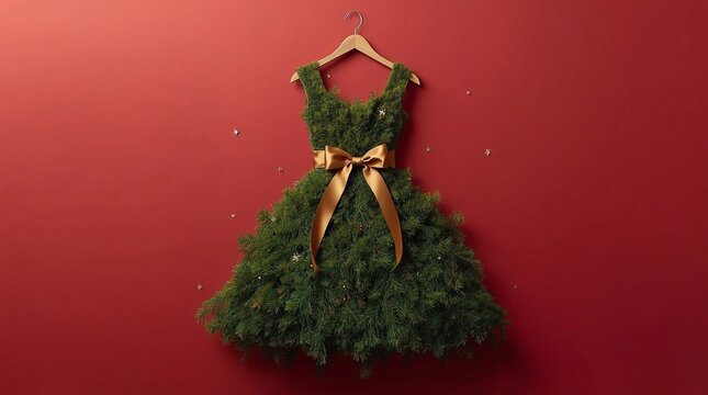 Christmas tree dress made of fresh evergreen branches with a gold ribbon bow on a hanger against a red wall, festive holiday fashion concept for Christmas and New Year