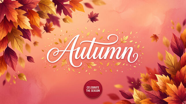 Autumn leaves in warm fall colors float around the word "Autumn" and "Celebrate the Season" text, symbolizing fall and seasonal change, perfect for festive themes