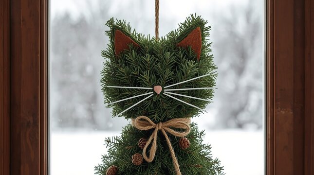 Handmade evergreen cat-shaped Christmas wreath hanging on a window, cozy winter holiday decor for Merry Christmas and New Year celebrations