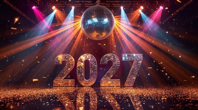 Festive 2027 New Year celebration scene with glittering disco ball, colorful stage spotlights, and golden confetti for Merry Christmas and New Year party backdrop