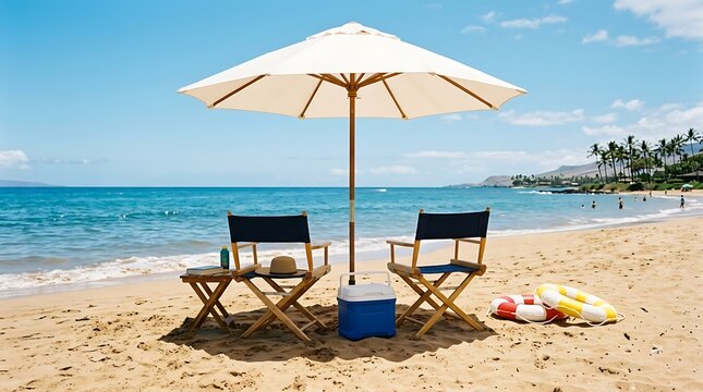 Two empty director chairs under a beach umbrella with a cooler and life rings on a sunny tropical sandy beach with ocean view