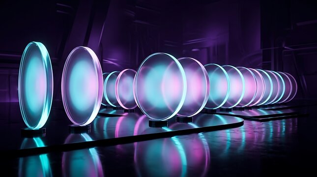 Futuristic abstract background with glowing translucent circular glass panels arranged in a row on a reflective dark surface with purple and cyan neon lighting