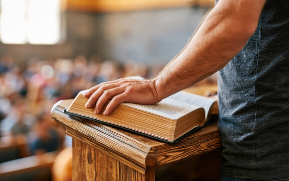 Anonymous pastor standing at a church lectern with an open Bible, congregation softly blurred in background, sermon, Christian leadership,