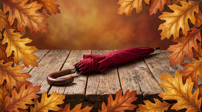 Red umbrella on a rustic wooden table framed by autumn leaves, symbolizing fall season, protection, and the transition to colder weather