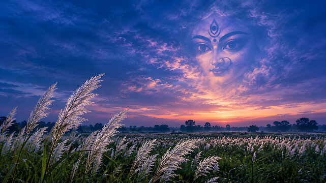 Golden sunset over white kash grass field celebrating mahalaya and durga puja with peaceful rural bengal landscape and warm autumn evening light