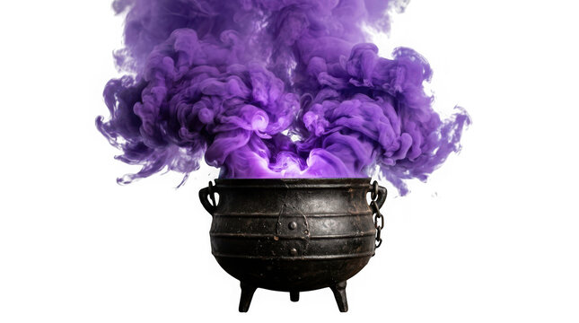 Black cast iron witch cauldron with magical purple smoke isolated on transparent background