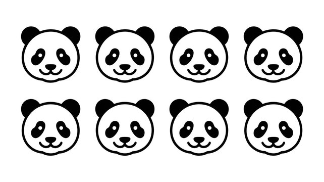 Eight stylized black-and-white panda face icons arranged in two rows of four for branding and logo design