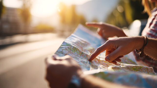 Two hands holding a detailed map while pointing at locations, with a blurred outdoor background of trees and sunlight creating a warm atmosphere