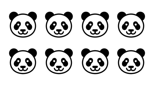 Eight stylized black-and-white panda face icons arranged in two rows of four for branding and logo design