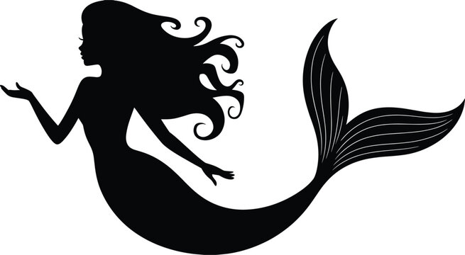 Black silhouette of a graceful mermaid swimming with long flowing hair and fishtail white background