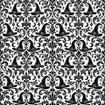 Halloween damask seamless pattern with witch hats, gothic black and white floral ornament, spooky vintage background for wrapping paper and textiles