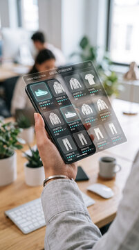 Hand holding a smartphone displaying a digital storefront with clothing items, symbolizing online shopping and e-commerce.