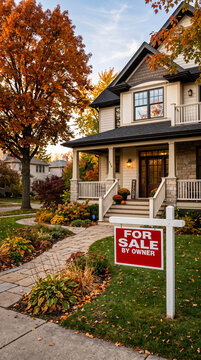 A suburban house with fall foliage and a "For Sale By Owner" sign, symbolizing homeownership, real estate, and autumn.