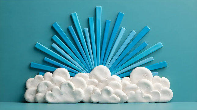 Blue sun rays rising behind a row of fluffy white clouds in a stylized paper craft art style scene