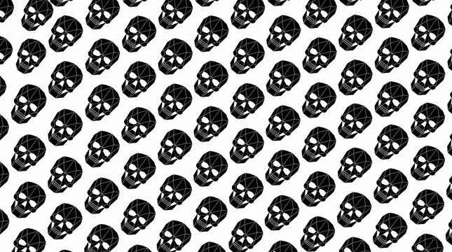 Seamless pattern of black skulls on white background, repeating diagonal rows of human skull icons, gothic halloween background texture