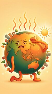 Illustration of Earth with Asia and Australia overheated and sweating under the sun, depicting El Ni&ntilde;o climate effect